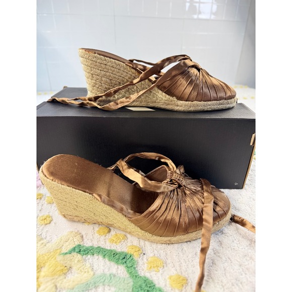 Newport News Shoes - Newport News Bronze Satin Ribbon Tie Espadrille Wedge Sandals 10245 Size 8
